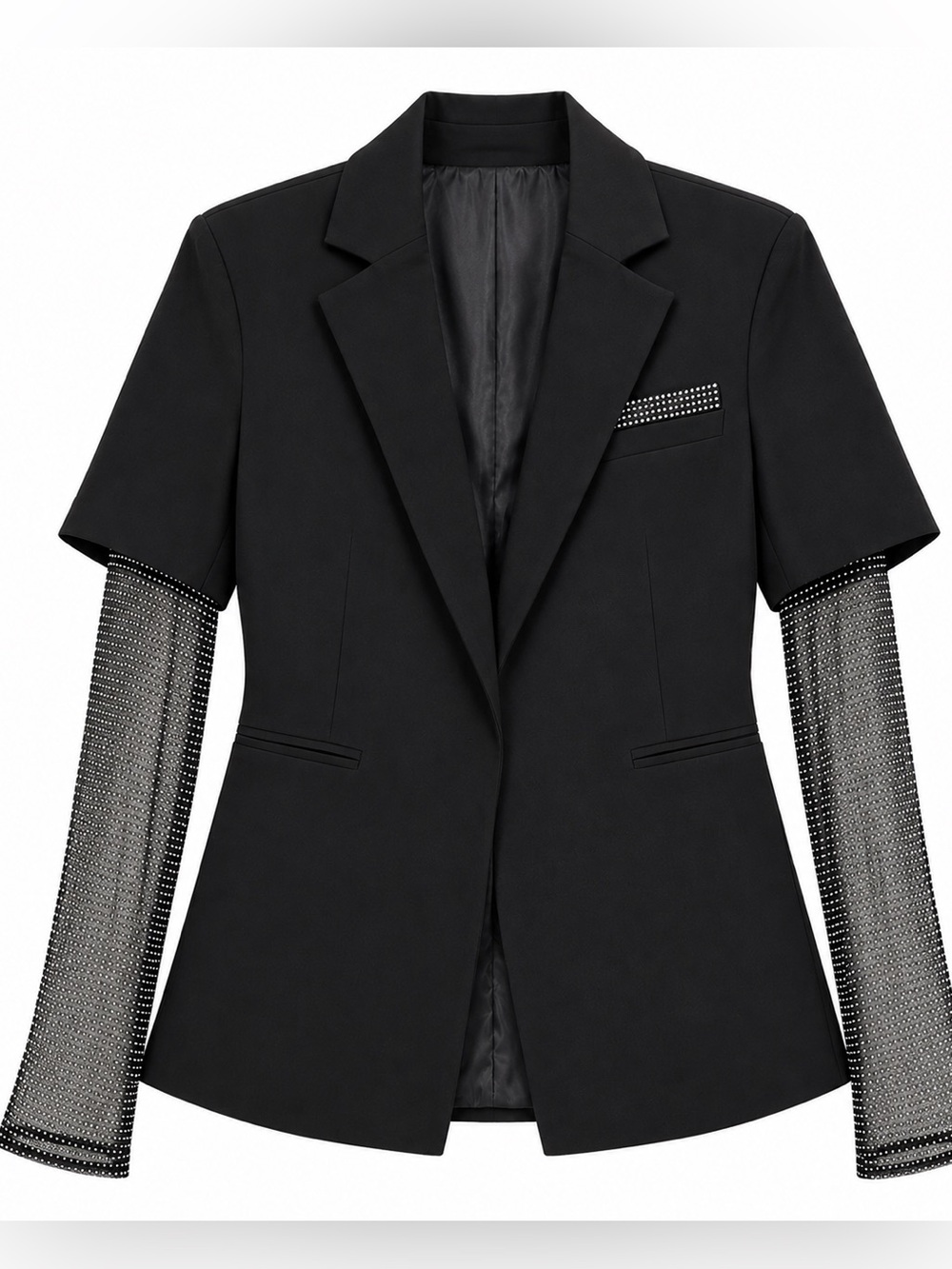 Fashion Nova Black Short-Sleeve Blazer with Embellished Sleeve Underlay